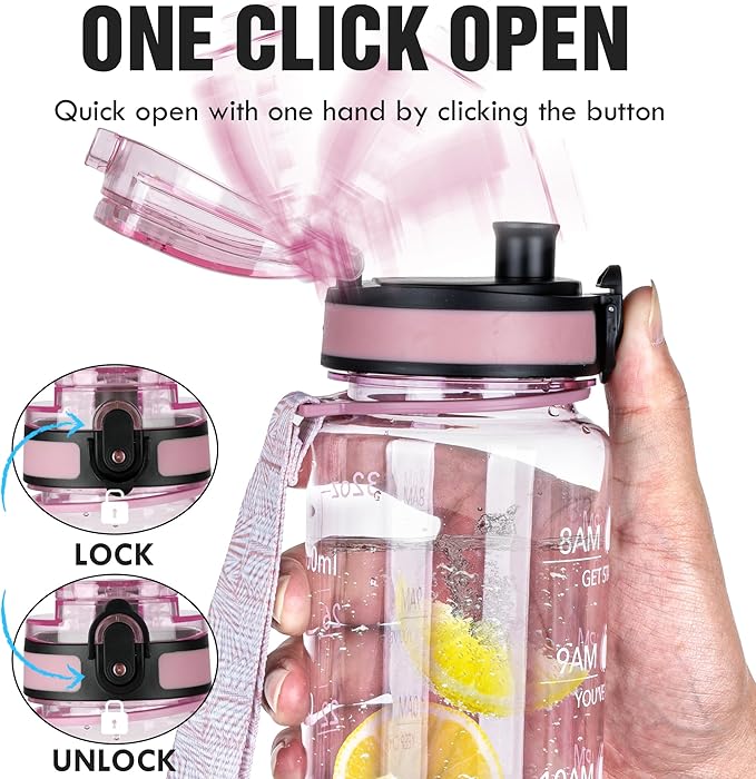 OLDLEY Water Bottle, 32oz Motivational Sports Water Bottle with Time Marker - Times to Drink - Tritan, BPA Free, Wide Mouth Leakproof,Clear Pink