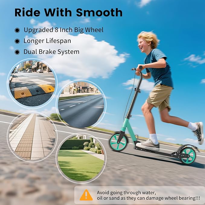 Kick Scooter for Kids Age 8+, Teens, Adults, Dual Suspension Foldable Lightweight Scooter with 8 Inch Big Wheels, Max Load 240 LBS Wide Deck