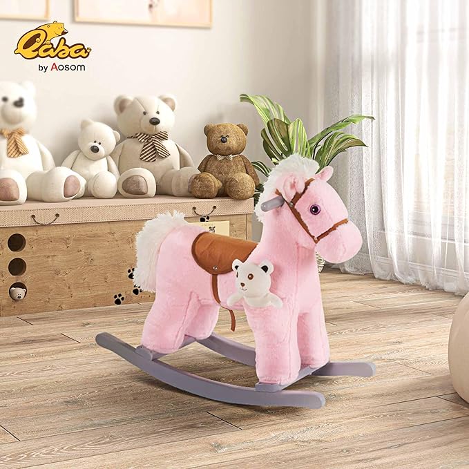 Qaba Kids Plush Ride-On Rocking Horse with Bear Toy, Children Chair with Soft Plush Toy & Fun Realistic Sounds, Pink