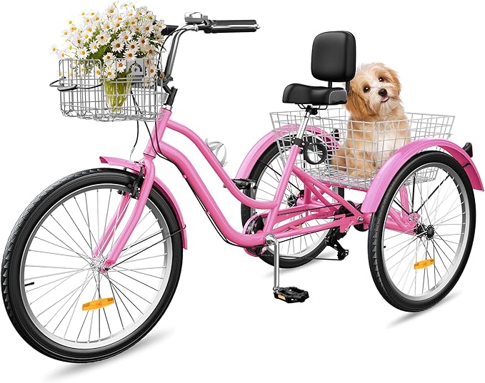 YITAHOME 24 & 26 Inch Adult Tricycle, 1 & 7 Speed 3 Wheel Bikes, Large Seat with Backrest Trike for Adults with Front & Rear Baskets, Cruiser Bike for Seniors Women Men Commute Picnic Outdoor