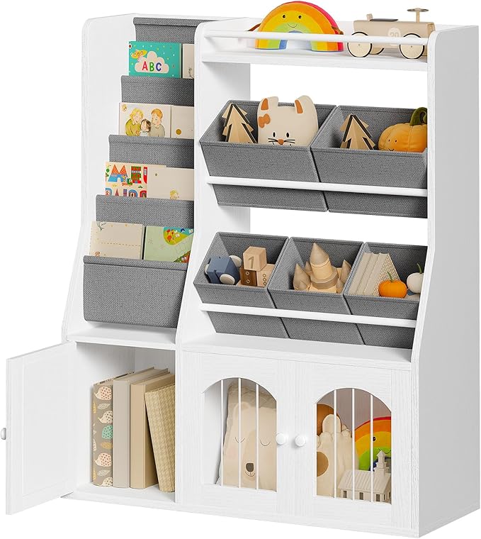 Toy Storage Organizer, Kids Toy Storage with 5 Fabric Drawers and 5-Tier Hanging Bookshelf, Elastic Doors and Guardrail, Bookcase for Bedroom, Nursery, Classroom, White and Gray