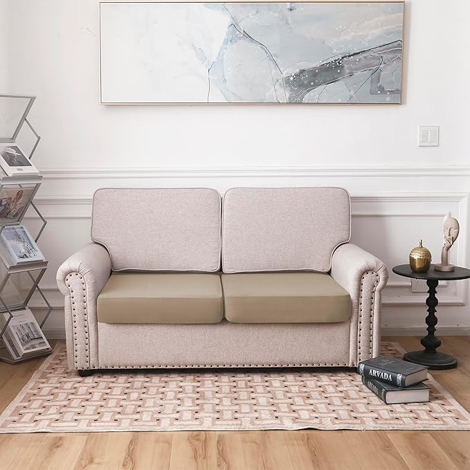 100% Waterproof Couch Cushion Covers, Replacement Sofa Cushion Covers, Stretch Individual Sofa Seat Cushion Slipcovers Furniture Protector for Kids Pets (2-Piece Loveseat Cushion Cover, Sand)