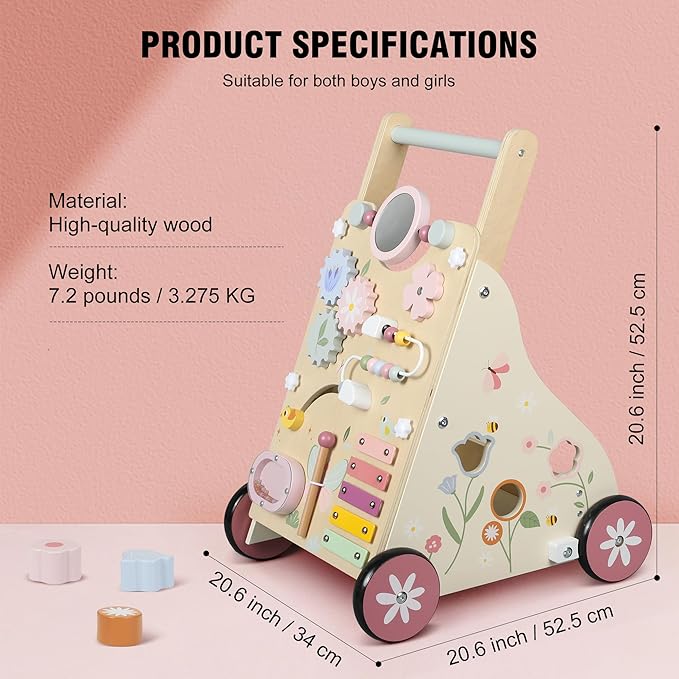 Wooden Baby Walker, Baby Push Walker, Push Walker Toys for Babies Learning to Walk & Sit-to-Stand, with Montessori Sensory Toy & Activity Center for Girls Boys