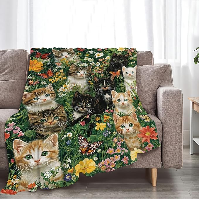 Cat Throw Blanket Ultra Soft Cozy Deer Flower Cats Blanket Fleece Fuzzy Plush Cat Lovers Decor Gifts for Women Girls Adults Couch Sofa 50"x40"