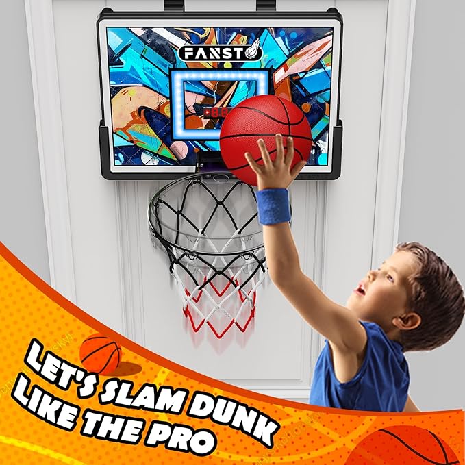 Over The Door Basketball Hoop, Basketballs Hoops Indoor for Kids with LED Cheering, Anti-Impact, 2 Game Mode& Mute Mode, Mini Hoops Door Slam Toy with 4 Ball for 5 6 7 8 9 10 11 12 Old Boys