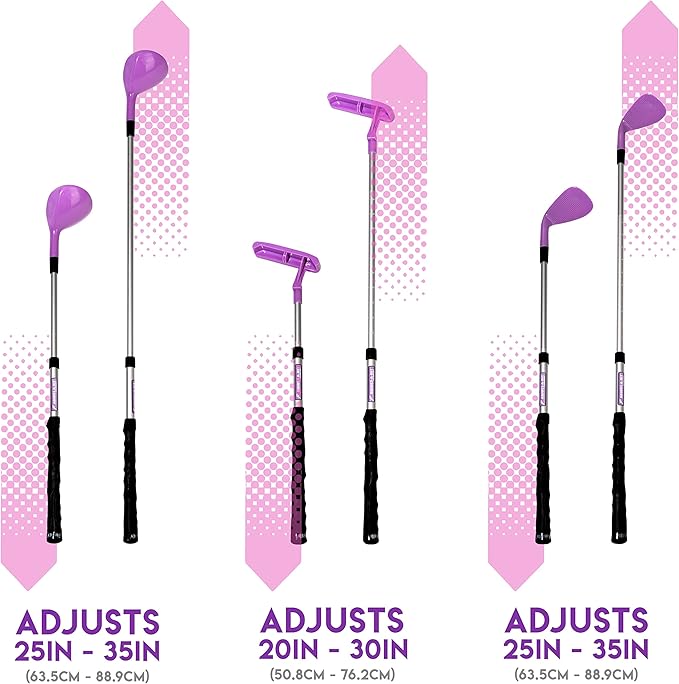 Franklin Sports Golf Set - Youth Adjustable Plastic Golf Club Set - Kids Golf Set with Bag & Balls - Adjustable Length Clubs For Toddlers - Pink