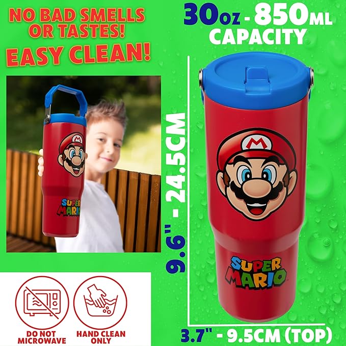 Get Trend Super Mario Tumbler Stainless Steel with Straw 30oz Kids Teens Insulated Cup with Lid Travel Mug Cups for School Sports Gifts for Kids (Red Super Mario)