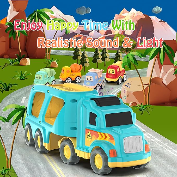 Veslier Toy Trucks for 2 3 4 5Years Old,Construction Transpor Trucks for Toddlers 2-4 Years with 4 Pull Back Cars for Toddlers 2-4,Christmas Birthday Gift for 18M+ 2 3 4 5 Years Old Kids Boys Girls.