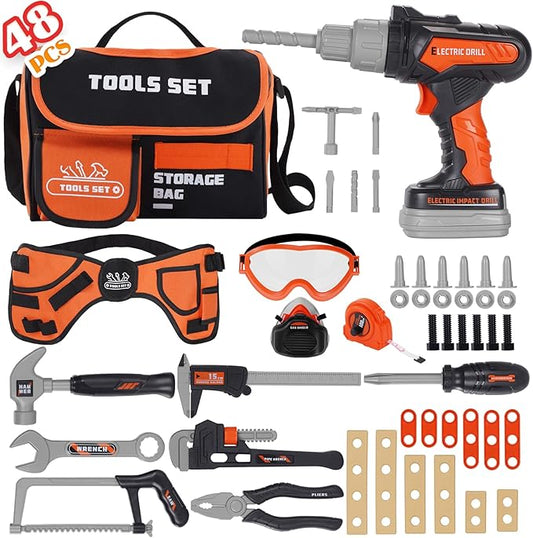 Kids Tool Set- 48PCS Toddler Tool Set Toys with Electronic Toy Drill, Tool Bag&Tool Belt&Tape Measure, Pretend Play Kids Construction Tool Kits Toy for Boys, Kids Birthday Gift for Boys Girls Ages 3+