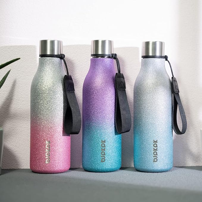 BJPKPK Insulated Water Bottles, 18 oz Stainless Steel Metal Water Bottle with Strap, BPA Free Leak Proof Thermos,Mugs,Flasks, Reusable Water Bottle for Sports & Travel, Sparkling Silver Blue