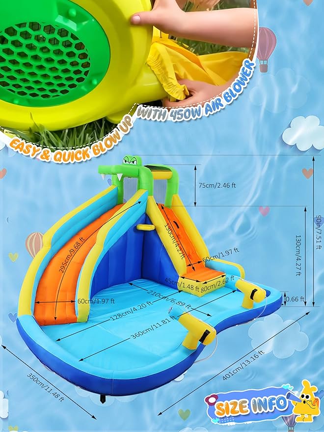 ROOJER Inflatable Water Slide Park for Kids Backyard 8-in-1 Blow Up Crocodile Spray Slide with 450W Blower, Splash Pool, Climbing Wall, Water Cannon, Basketball Hoop for Summer Outdoor Play Party Gift