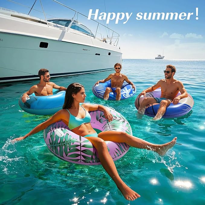 HeySplash Pool Tubes for Adult, 42 Inch Large Pool Floats with Handles, Inflatable Swim Rings Lounge, Hawaii Fun Swim Floaties Swimming Pool Beach Lake River Party Decoration Toys, Pink+Green Leaves