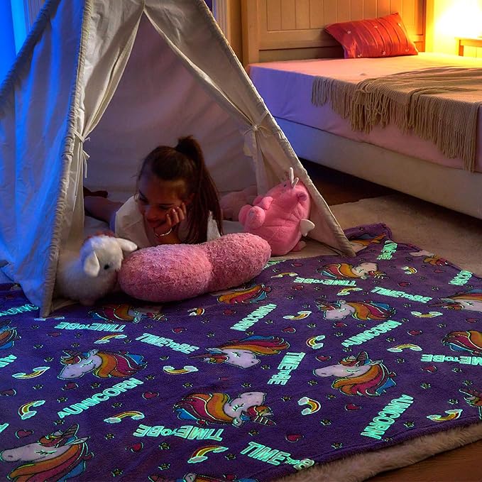 Wajade Unicorn Gifts for Girls - Glow in The Dark Unicorn Blanket Birthday Christmas Decor for Kids Age 3 4 5 6 7 8 9 10 11 12 Years Old Teens Child Toddler Throw Violet 50"x60"