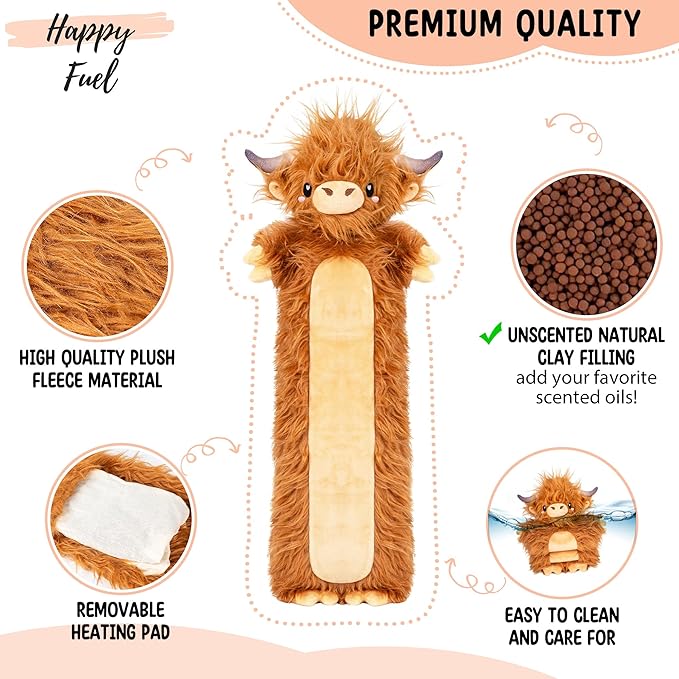Brown Highland Cow Microwavable & Weighted Stuffed Animals - Unscented Heatable Plush Doll, Cute Cow Plush Toys Gifts for Girls Boys and Kids, Happy Fuel