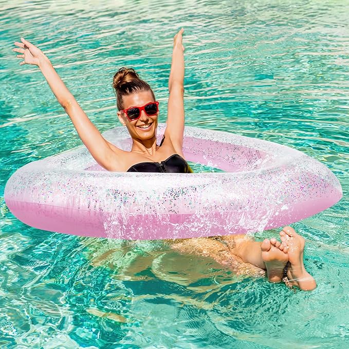 HeySplash Pool Floats, Adult Size Heart Inflatable Pool Floatie for Bachelorette Party, Swim Tube Rings, River Lake Beach Floaty, Wedding Bride Valentine Fun Toy Raft Lounge for Kids, Glitter Pink