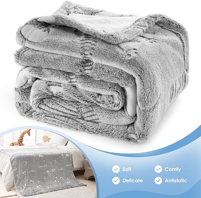 Dinosaur Gifts Toys for Kids Boys - Dino Glow in The Dark Blanket Christmas Birthday Valentines Easter Presents for Age 2 3 4 5 6 7 8 9 10 11 Years Old Teen Girls Toddler Children Throw Gray 50"x60"