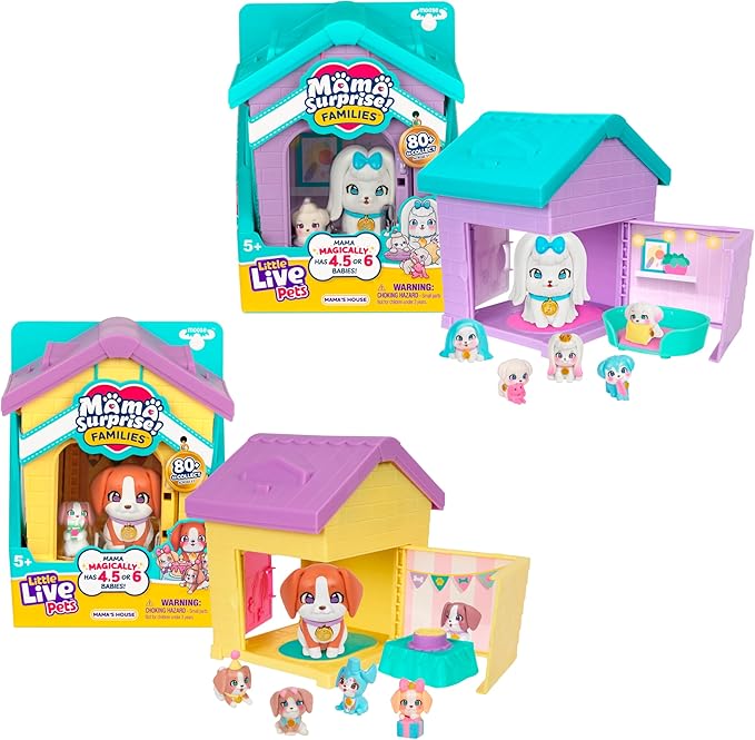 Little Live Pets Dog House Playset Bundle, Mama Surprise Families Beagle and Maltese Collection, Interactive Fold-Out Dog Playset Toy Gift for Kids 5+