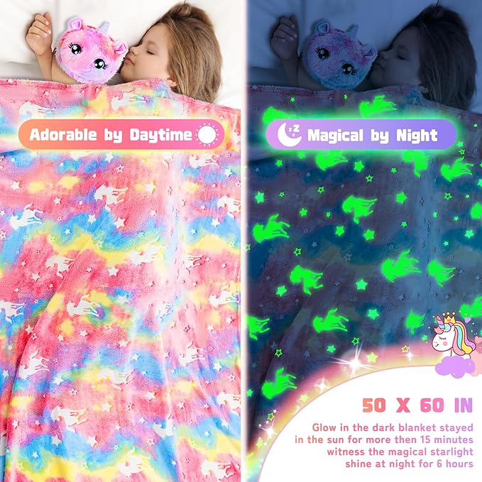 Unicorn Toys for Girls, Kids Gifts with Glowing Blanket, Water Bottle, Eye Mask, Headband, Crossbody Bag, Sunglasses - 12PCS Birthday Gift Toys for Girls 6-10+