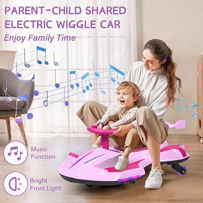 12V Electric Wiggle Car with Pedal for Kids, Rechargeable 2 in 1 Swing Car, Drifting Ride On Toys with Backrest, Anti-Rollover, Spray, Flashing Light, Music, for Ages 3 and Up, 150 Lbs (Pink)
