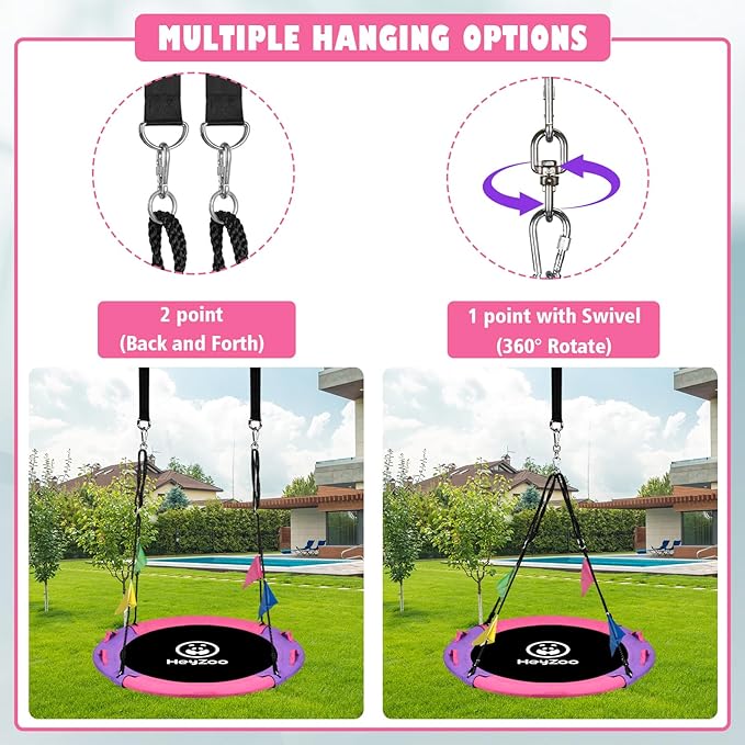 Tree Swing, 43 Inch Saucer Swing Sets for Kids, Come with 360 Degree Swivel and Adjustable Hanging Strap, Pink and Purple