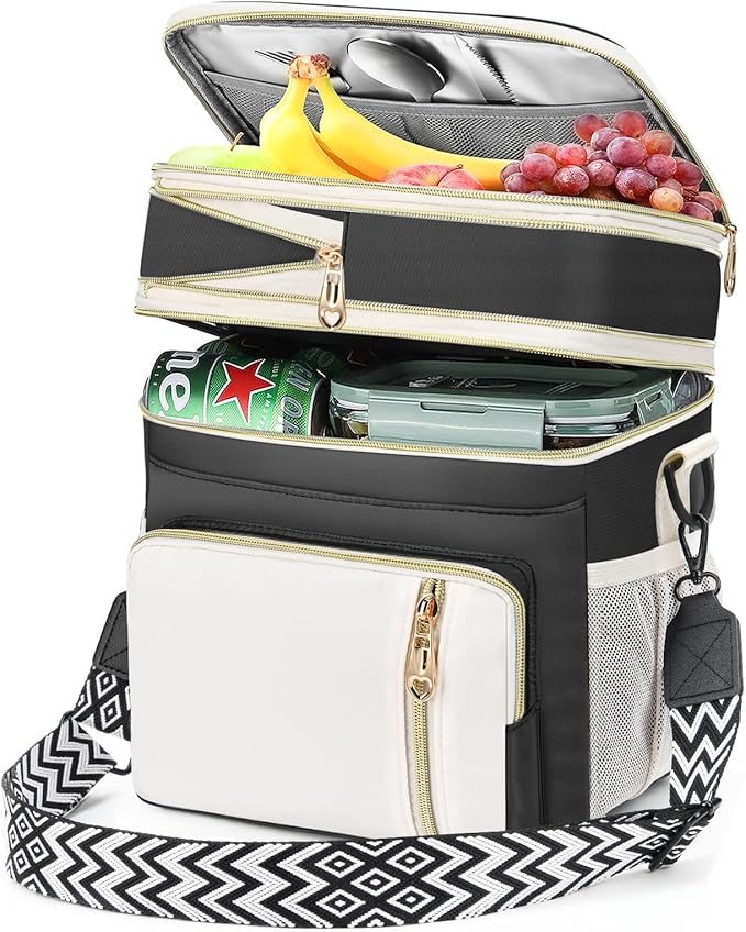 LOKASS Lunch Bag& Lunch Box for Men Women Double Deck,Large Insulated Adult Lunch Box Leakproof Lunchbox Cooler Bag for Work Picnic Beach,（Black&White）