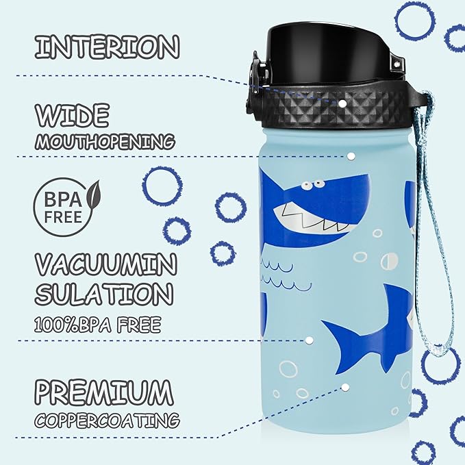 GOPPUS Kids Water Bottle (Straw Lid) - 14 Oz Stainless Steel Travel Bottle, Double Wall Vacuum Leak Proof Kids Cup for School Boys Girls,Iron Shark