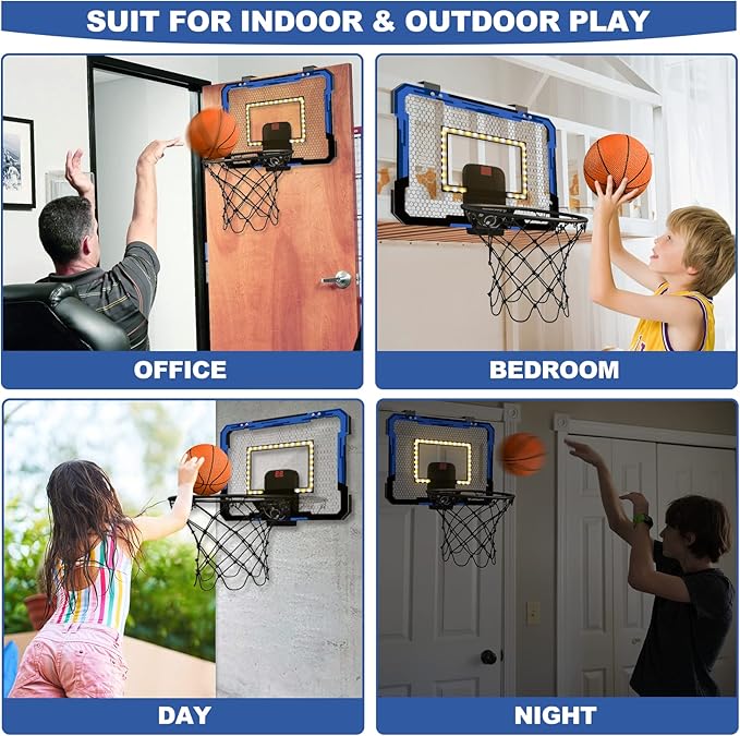 QDRAGON Mini Basketball Hoop with Scoreboard/LED Light, Glow in The Dark Over The Door Basketball Hoop Indoor, Toy Gifts for Kids/Adults/Boys/Girls