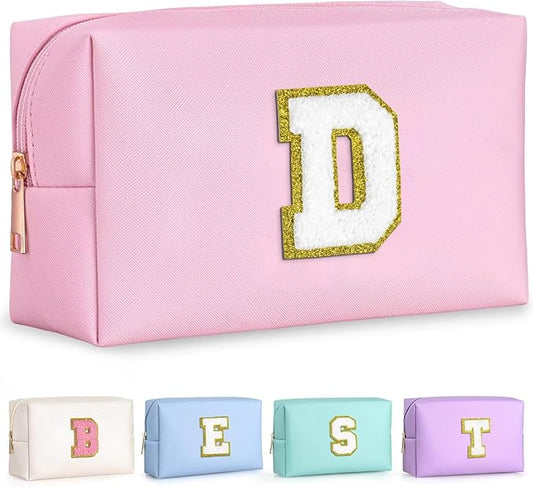 TOPEAST Preppy Small Makeup Bag, Chenille Letter Pouch Cosmetic Bag With Zipper, PU Leather Waterproof Toiletry Bag, Personalized Birthday Gift for Women, Cute Stuff for Girls (Pink D)