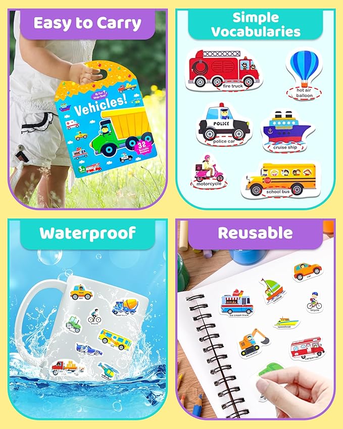 Benresive Reusable Sticker Book for Toddlers 2-4 Years, Fun Travel Stickers for Kids, Waterproof Sticker Books for Toddlers 1-3, Crafts Activities for Toddler 1-3 2-4 3-5 - Transport