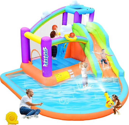 Inflatable Bounce House Water Slide for Kids, Rainbow Cloud Splash Pool, Indoor Or Outdoor Bouncy Castle, Climbing Wall, 2 Basketball Hoops, Included Blower (Orange, 154" L x 144" W x 94" H)