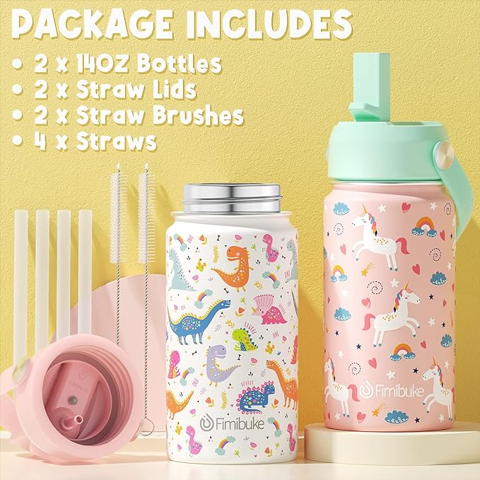 Fimibuke Kids Insulated Water Bottle, 14oz BPA FREE Double Wall Vacuum Tumbler 18/8 Stainless Steel Leak Proof Kids Cups with Straw Metal Bottle for School Boy Girl (2 Pack, UNICORN/WHITE DINOSAUR)