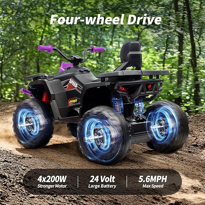 Kids ATV 4 Wheeler, 24V 4WD Electric ATV Ride On Toy for Big Kid with 2-Seater, 4x200W Motor - Purple