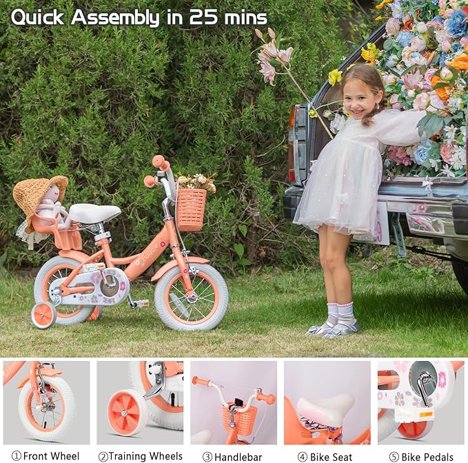 Glerc Maggie Girls Bike, 12-20 Inch Kids Bike for 2-13 Years Old Children, Princess Style Kids Bicycle with Doll-Seat & Basket & Training Wheels, Multiple Colors