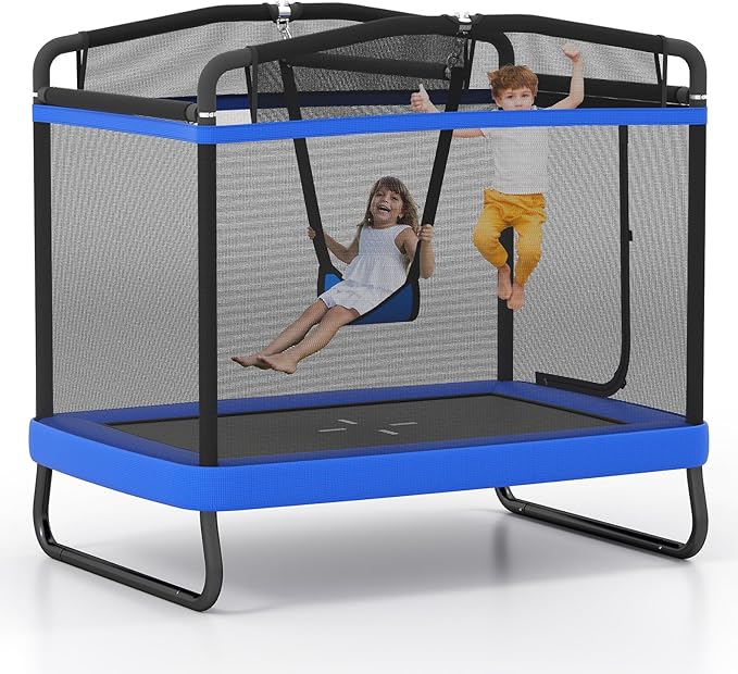 Goplus 6 x 4 FT Rectangle Kids Trampoline, Indoor Outdoor Recreational Trampoline with Swing, Gymnastics Bar & Safety Enclosure Net, ASTM Compliant Gift for Children Boys Girls