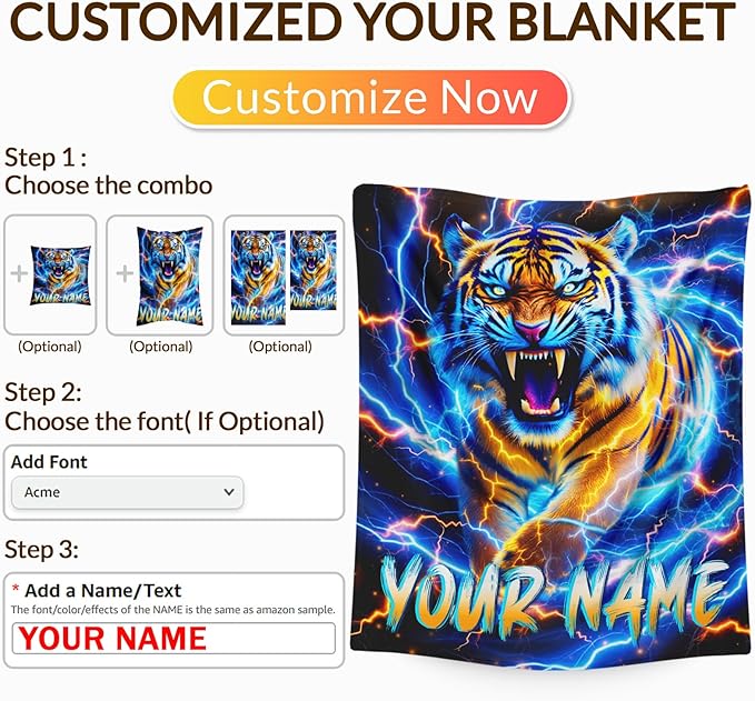 Personalized Blanket for Boys Kids, Tiger Throw Blankets for Son Tiger Lovers 40x50 Inches All Season Soft Cozy Custom Throw for Sofa Couch Bed Office Trip Cool Decor Stuff