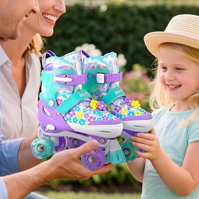 SULIFEEL Rainbow Unicorn 4 Size Adjustable Light up Roller Skates for Girls Boys for Kids