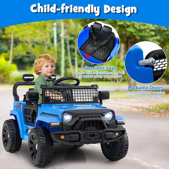 Costzon Kids Ride on Car Truck, 12V Electric Vehicle w/Foldable Mirrors, 3 Speeds, LED Lights, Music & Horn, Ride on Toys Remote Control Car for Toddlers, Boys & Girls (Blue,34" × 23" × 21")
