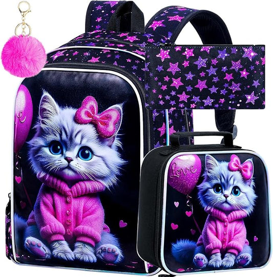CCJPX 3Pcs Cat Backpack for Girls, 16” Kids Bookbag with Lunch Box, Water Resistant Elementary School Bag for Kindergarten Preschool Toddler (Black)