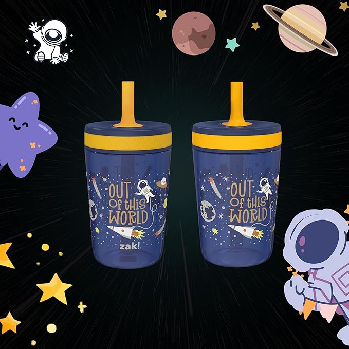 Zak Designs Kelso 15 oz Tumbler Set, (Space) Leak-Proof Screw-On Lid with Straw Made of Durable Plastic and Silicone, Perfect Cup Bundle for Kids (2pc Set)