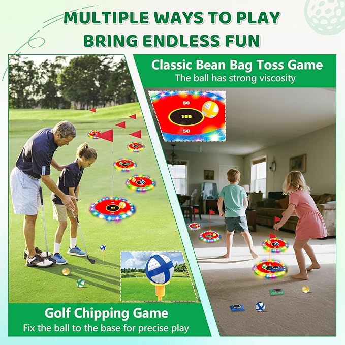 Light Up Golf Play Set - Upgraded Backyard Golf Chipping Game with 6 LED Targets, 2 Clubs, 18 Balls, 6 Bean Bags, Night Golf Toys Gifts for Kids Golfers Family Indoor Outdoor Beach Lawn Park