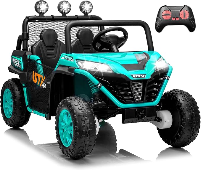 2 Seater 24V Ride On Toys for Big Kids, Electric UTV Car with Remote Control, 4-Wheeler Suspension, Soft Start, Bluetooth, MP3, Lights, Ride on Truck Kids 3 Years+, Green