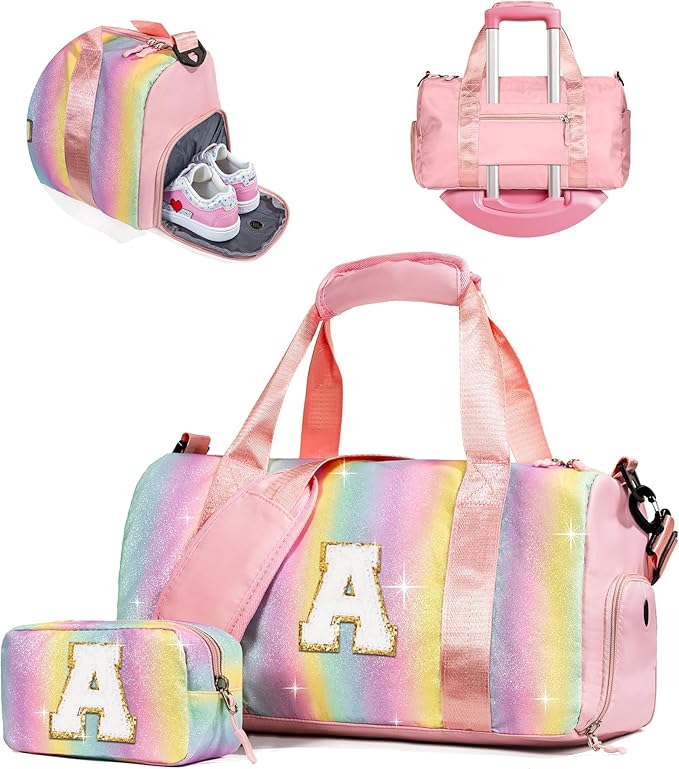 Birthday Gift for Daughter-Girl Gym Bag with Shoe Compartment, Kid Weekender Dance Bags, Initial Tote with Makeup Pouch, Gifts for 5 6 7 8 9 10 11 12 Year Old Girls-Christmas Gifts (Letter A)