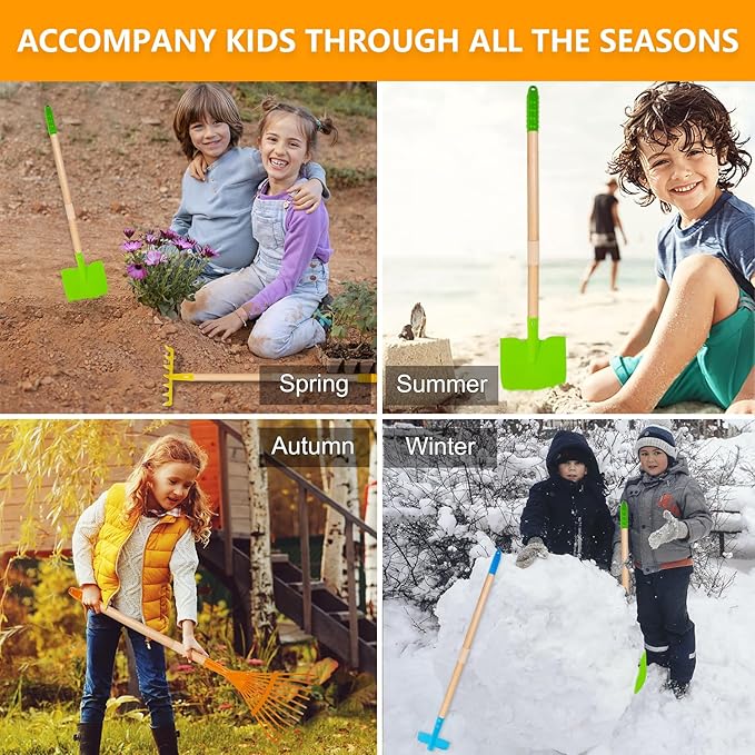 Kids Shovel, Rake for Leaves, Spade, Hoe and Broom, 5Pcs Kids Garden Tools, Gardening Yard Outdoor Toy Gifts for Boys Girls Age 3 4 5 6 7 8 Years Old