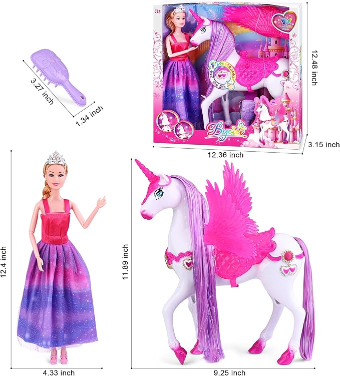 Magic Light Unicorn & Princess Doll, Unicorn Toys for Girls 3-6, Christmas Birthday Gifts for Kids Girls Aged 3 4 5 6 7 8