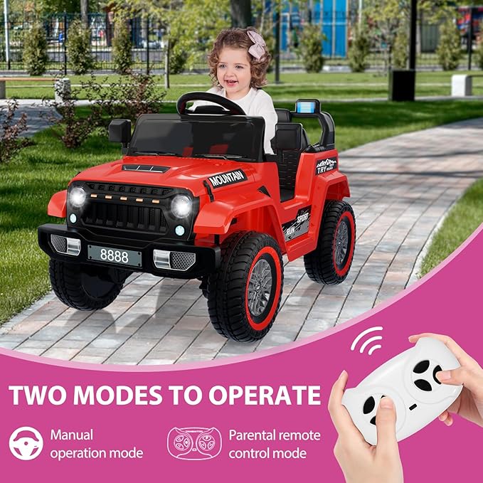 Garvee 12V Kids Ride On Truck Car, Battery Powered Electric Vehicles with Remote Control, Spring Suspensions, 3 Speeds, LED Lights, Music, MP3, Ride On Toy Car for Children Toddles Boys Girls, Red