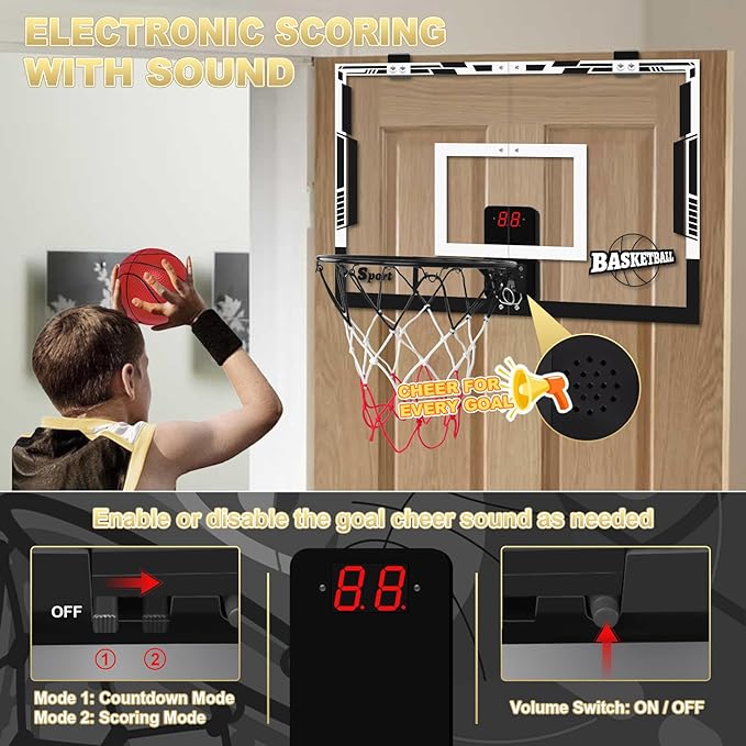 Large Basketball Hoop Indoor, 24" x 16" Mini Basketball Hoop for Kids, Over The Door Basketball Hoop with Scoreboard, Balls & Pump, Sport Toys for Teens Adults Boys Girls Office Bedroom