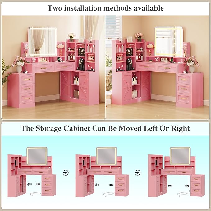 Vanity Desk with Mirror and Lights,Makeup Vanity Table with Lights & 5 Drawers,Makeup Desk with Charging Station & Cabinets Adjustable Width, Modern Dressing Table for Bedroom,Pink