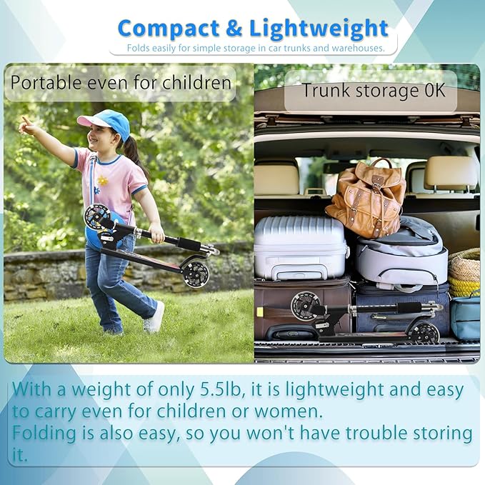 Scooter for Kids with Light up Wheels, 3 Adjustable Levels, Rear Brake