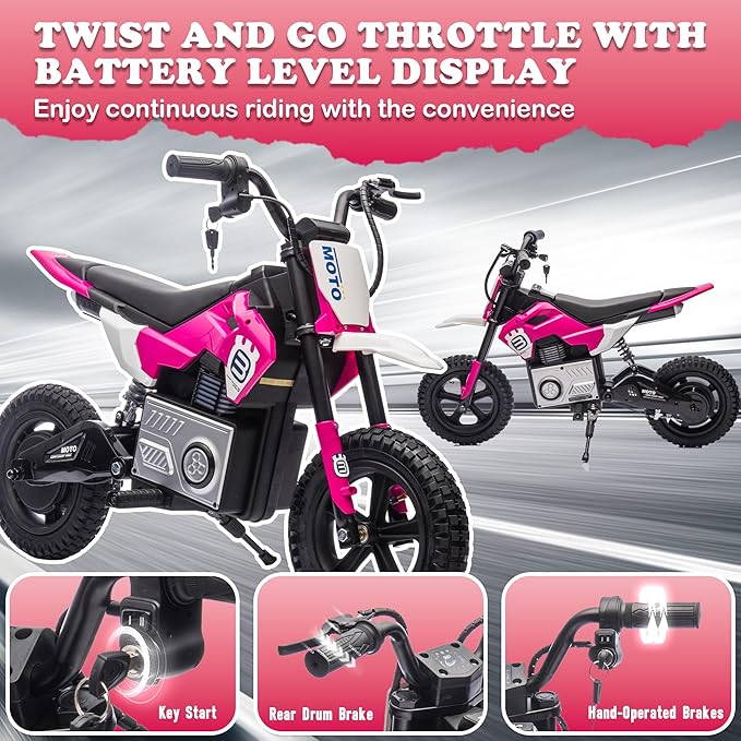 Electric Motorcycle for Kids Ages 5-10, 24V 200W Higher Speed Electric Dirt Bike, Kids Ride On Motorcycle with Rear Wheel Shock Absorber, LED Breath Light, Bluetooth, Music, Horn, Pink