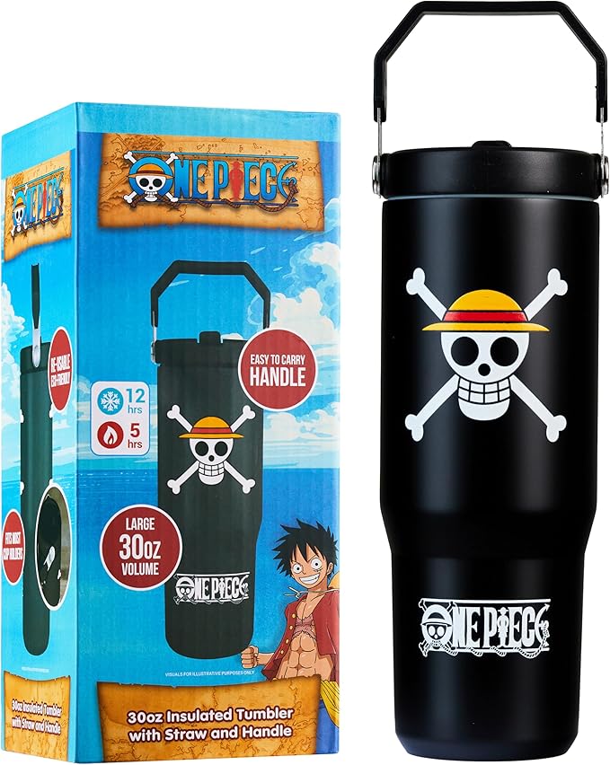Get Trend One Piece Tumbler with Straw 30oz Kids Teens Insulated Cup with Lid Handle Travel Mug Cups with Lids for School Sports Anime Gifts for Kids (Black One Piece)